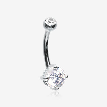 14 Karat White Gold Prong Set Gem Belly Button Ring-Clear Gem